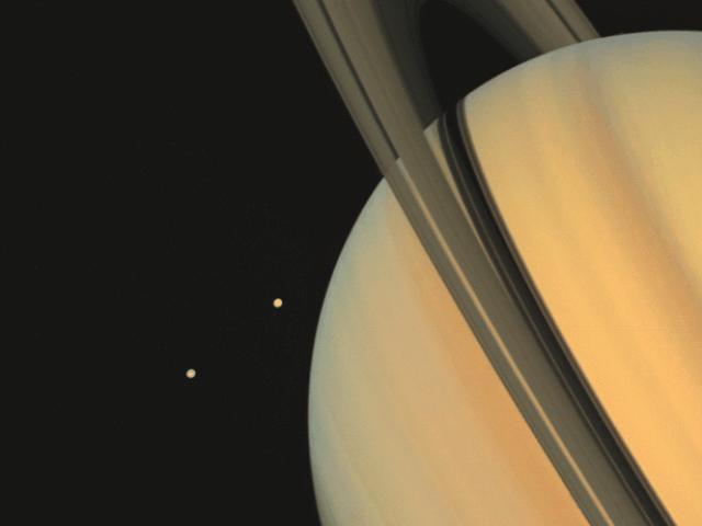 Saturn with Moons Tethys and Dione