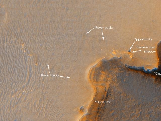 Mars Rover at Victoria Crater Imaged from Orbit