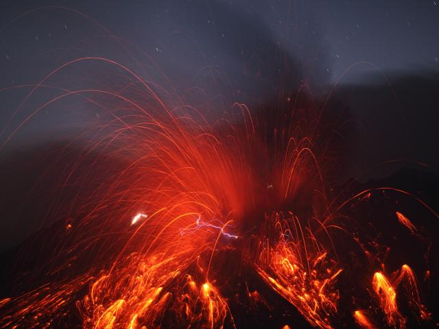 Sakurajima Volcano with Lightning