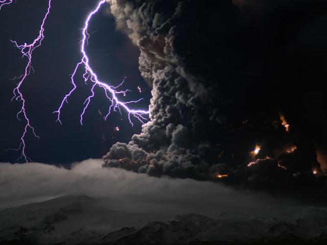 Ash and Lightning Above an Icelandic Volcano