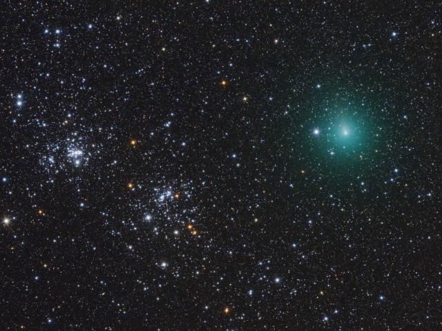 Comet Hartley Passes a Double Star Cluster
