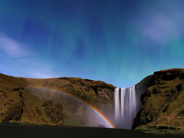 Waterfall, Moonbow, and Aurora from Iceland