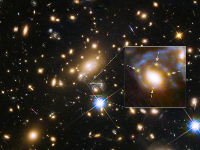 Galaxy and Cluster Create Four Images of Distant Supernova