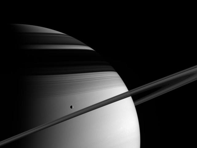 Saturn, Tethys, Rings, and Shadows