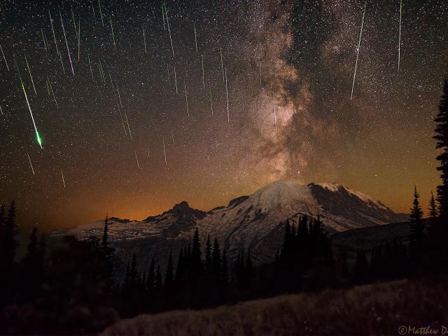Meteors and Milky Way over Mount Rainier
