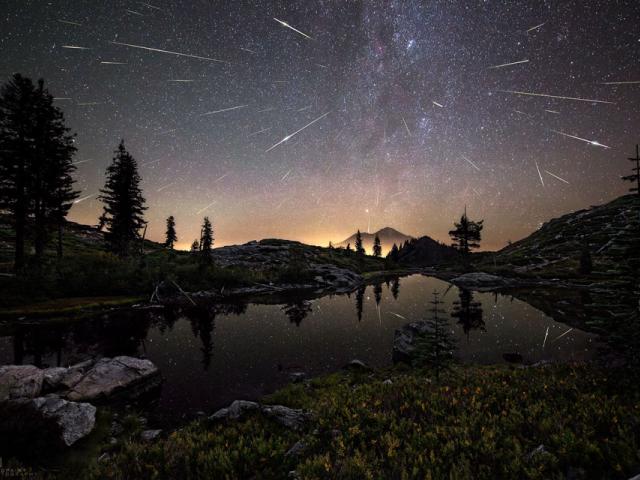 Perseid Meteors over Mount Shasta