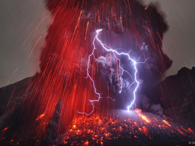 Sakurajima Volcano with Lightning