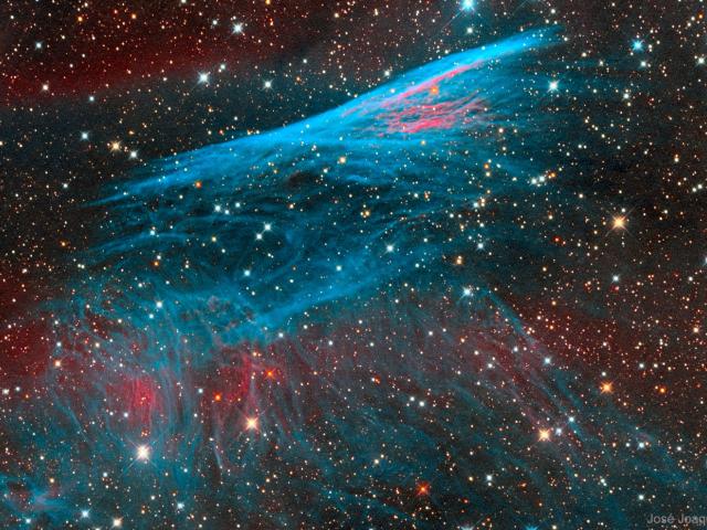 The Pencil Nebula in Red and Blue