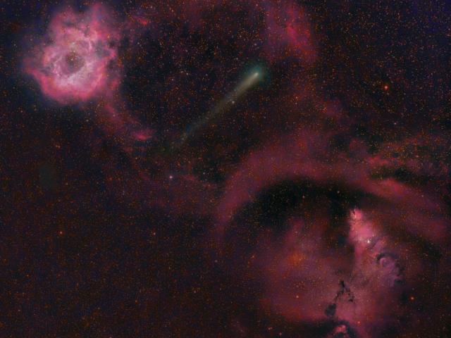 Comet 21P Between Rosette and Cone Nebulas