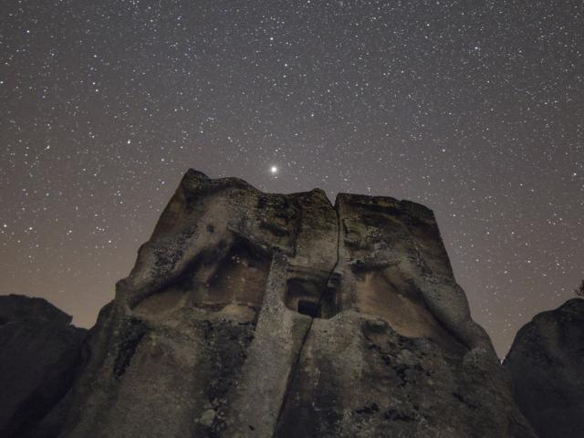 Mars, Pleiades, and Andromeda over Stone Lions