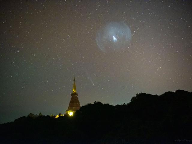 Comet Leonard behind JWST Launch Plume