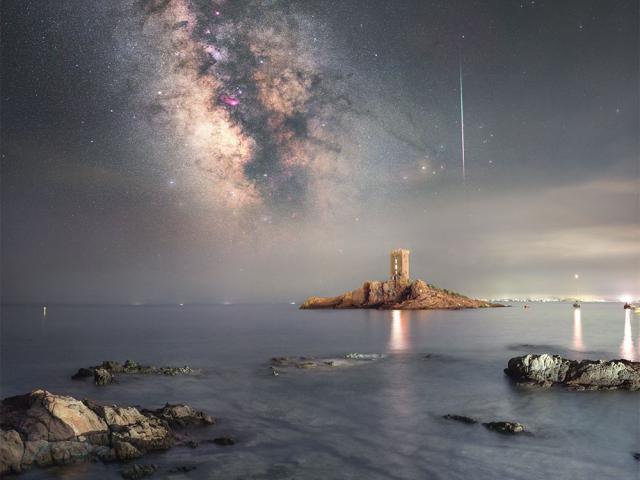 Meteor and Milky Way over the Mediterranean