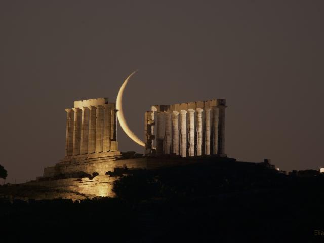 Crescent Moon Beyond Greek Temple