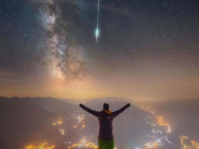 Meteor and Milky Way over the Alps