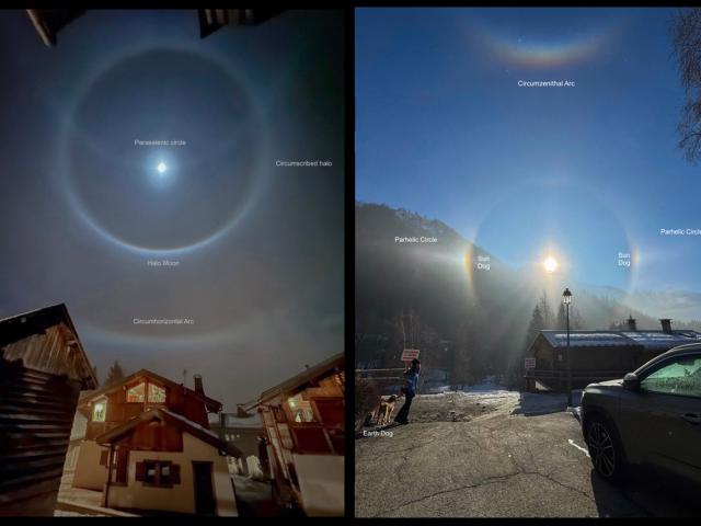 Ice Halos by Moonlight and Sunlight