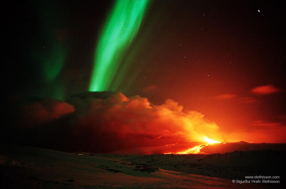 Volcano and Aurora in Iceland