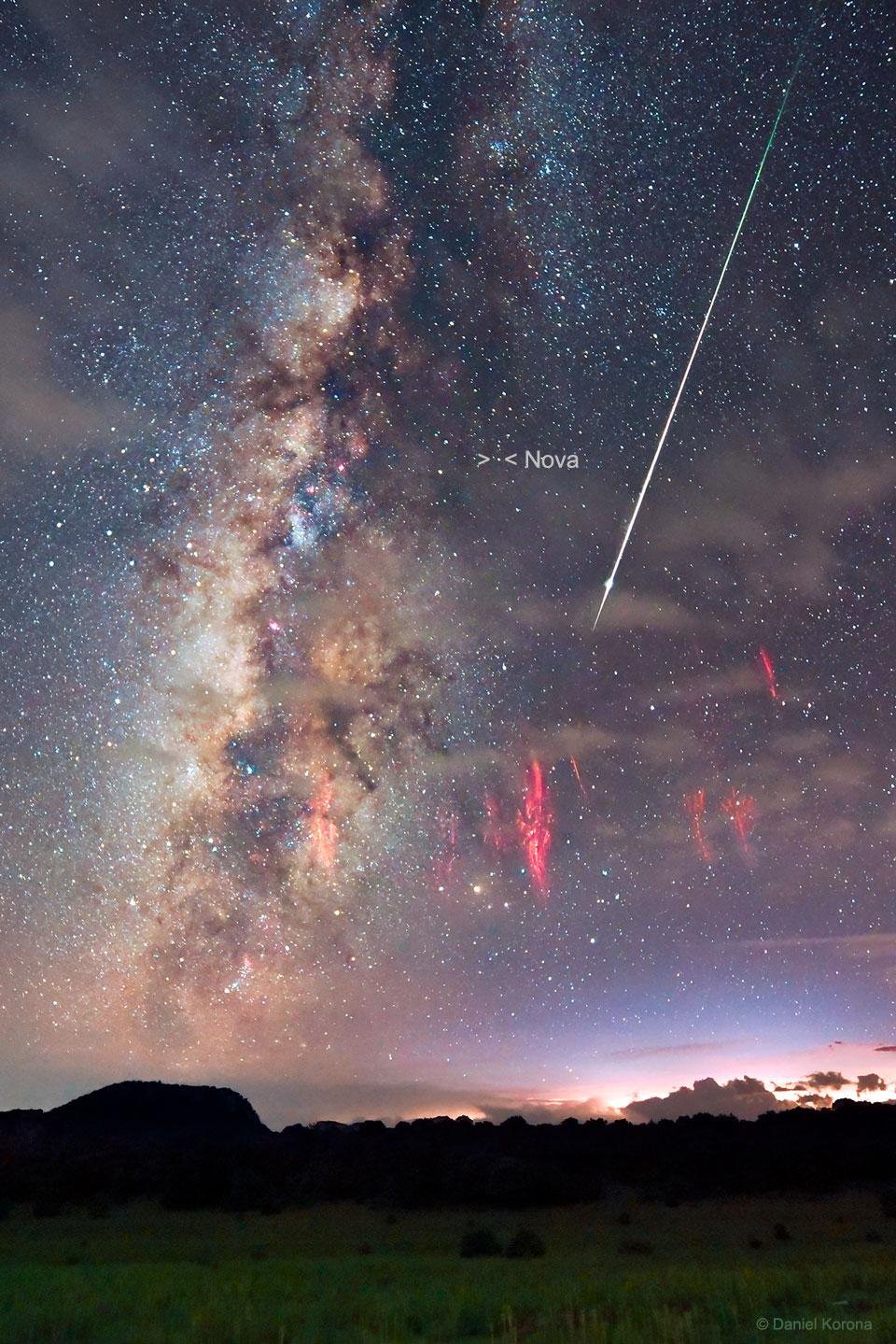 Perseid Meteor, Red Sprites, and Nova RS Oph