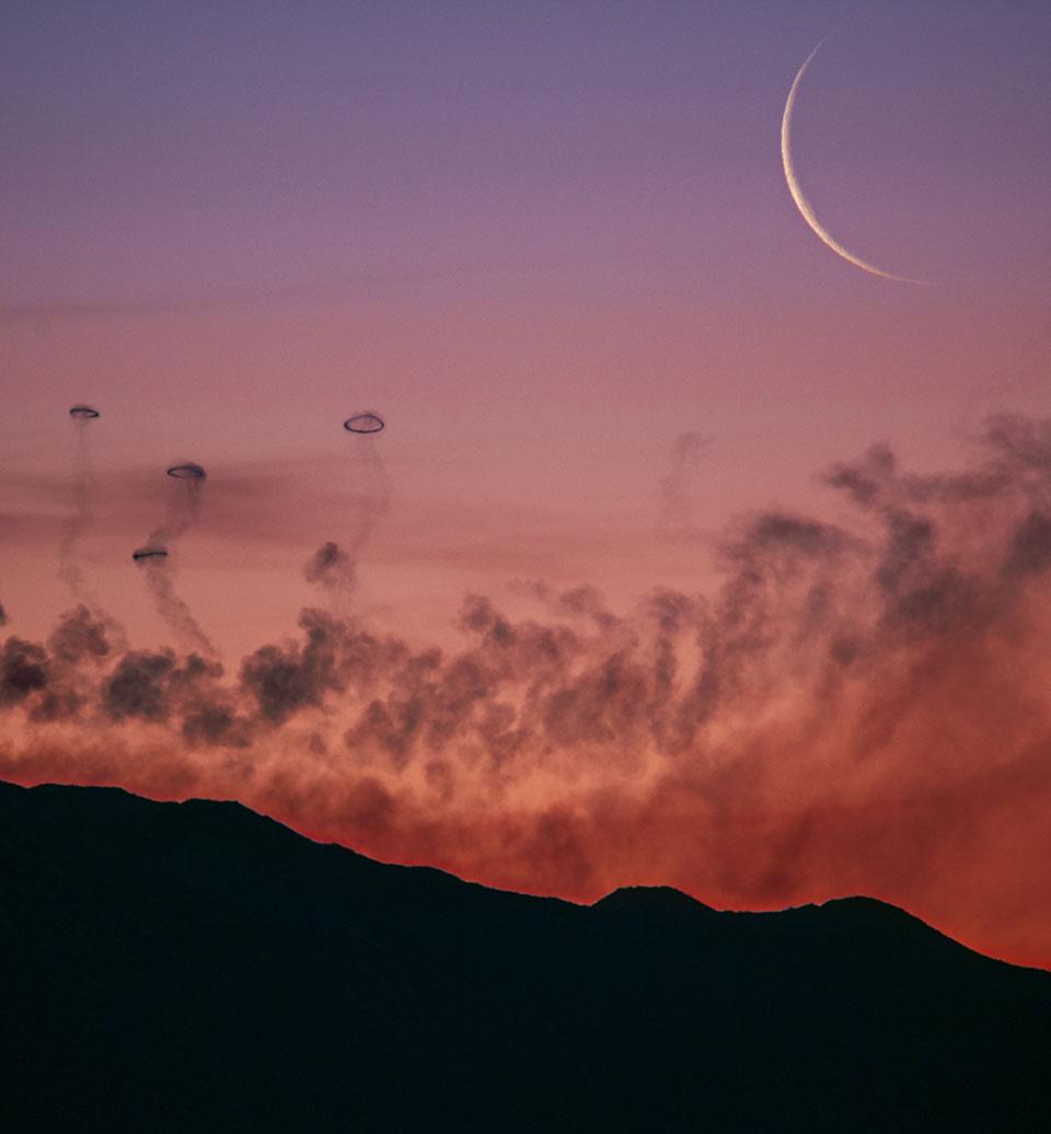 Moon and Smoke Rings from Mt Etna