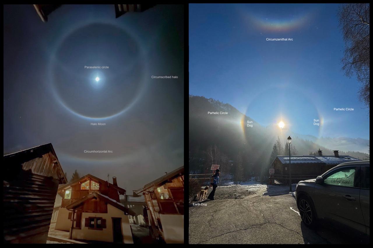 Ice Halos by Moonlight and Sunlight