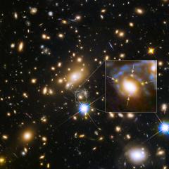 Galaxy and Cluster Create Four Images of Distant Supernova