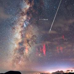 Perseid Meteor, Red Sprites, and Nova RS Oph