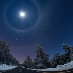 Quadruple Lunar Halo Over Winter Road
