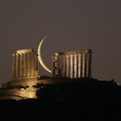 Crescent Moon Beyond Greek Temple