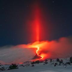 Light Pillar over Erupting Etna