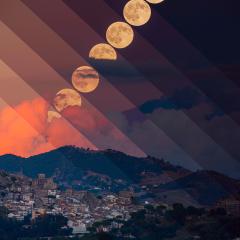 Harvest Moon with Erupting Mount Etna